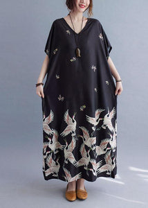 Italian Black V Neck Pockets Print Summer Holiday Dress Short Sleeve
