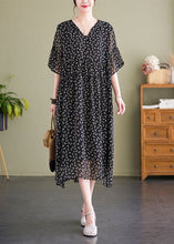 Load image into Gallery viewer, Italian Black V Neck Print Wrinkled Patchwork Chiffon Dress Summer