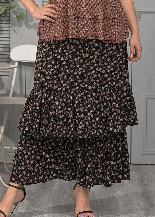 Italian Black Wrinkled Print Patchwork Chiffon Maxi Skirts Summer