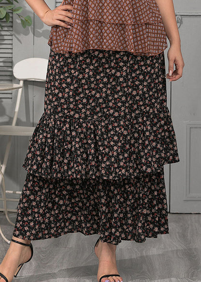 Italian Black Wrinkled Print Patchwork Chiffon Maxi Skirts Summer