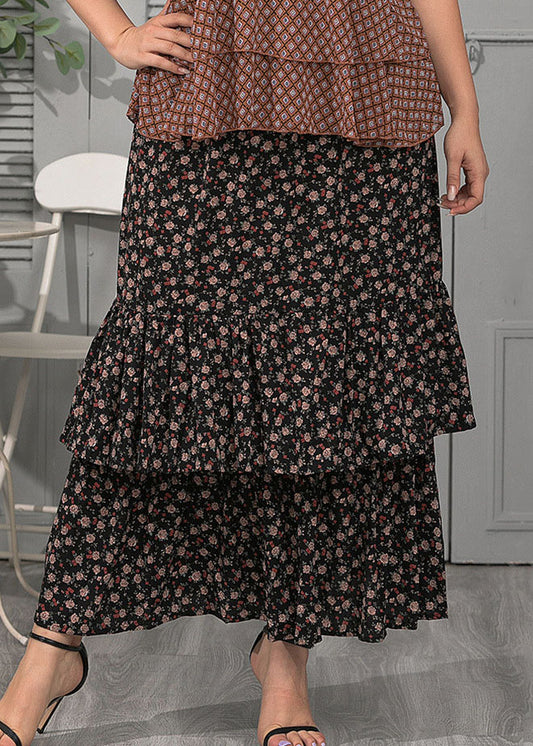 Italian Black Wrinkled Print Patchwork Chiffon Maxi Skirts Summer