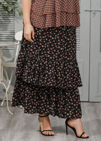 Italian Black Wrinkled Print Patchwork Chiffon Maxi Skirts Summer