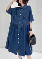 Italian Blue Button Pockets Denim Dresses Summer