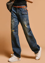 Load image into Gallery viewer, Italian Blue High Waist Hole Pockets Cotton Denim Pants Fall