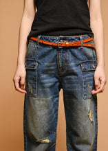 Load image into Gallery viewer, Italian Blue High Waist Hole Pockets Cotton Denim Pants Fall