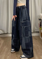 Italian Blue Pockets Patchwork Denim Wide Leg Pants Spring