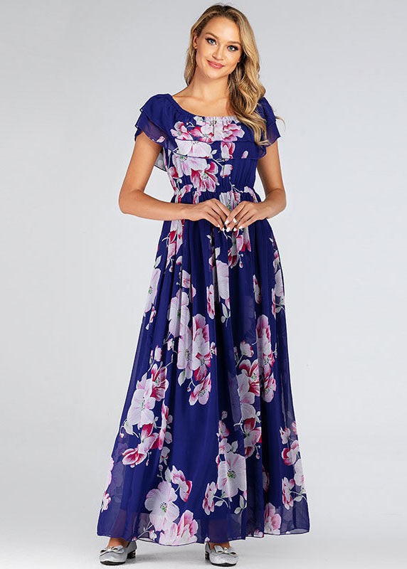 Italian Blue Print Patchwork Chiffon Maxi Dresses Summer