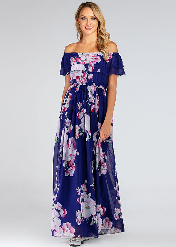 Italian Blue Print Patchwork Chiffon Maxi Dresses Summer