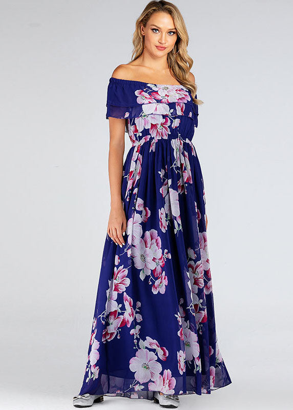 Italian Blue Print Patchwork Chiffon Maxi Dresses Summer