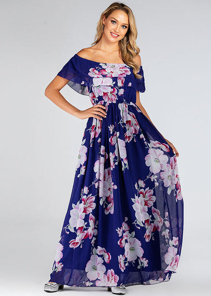 Italian Blue Print Patchwork Chiffon Maxi Dresses Summer