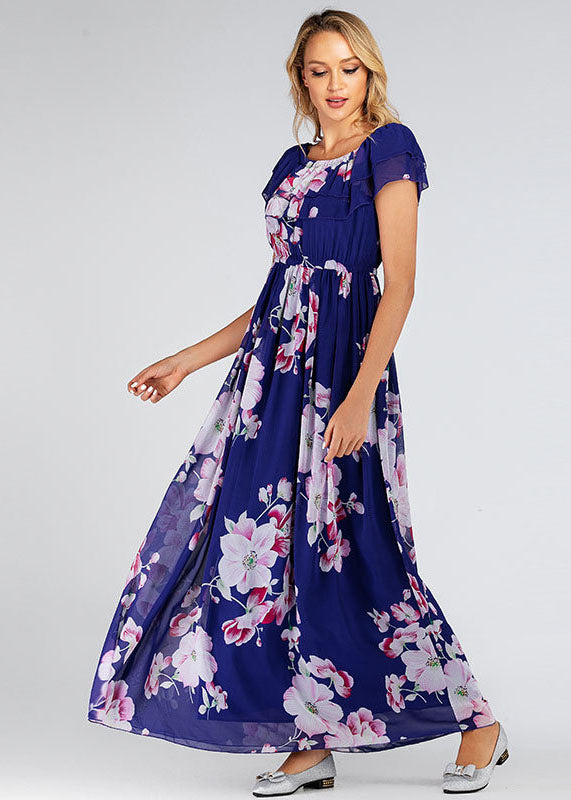 Italian Blue Print Patchwork Chiffon Maxi Dresses Summer