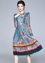 Load image into Gallery viewer, Italian Blue Ruffled Lace Up Print Tulle Patchwork Chiffon Dresses Fall