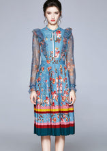 Load image into Gallery viewer, Italian Blue Ruffled Lace Up Print Tulle Patchwork Chiffon Dresses Fall