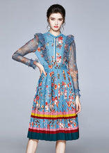 Load image into Gallery viewer, Italian Blue Ruffled Lace Up Print Tulle Patchwork Chiffon Dresses Fall