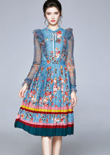 Load image into Gallery viewer, Italian Blue Ruffled Lace Up Print Tulle Patchwork Chiffon Dresses Fall