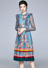 Load image into Gallery viewer, Italian Blue Ruffled Lace Up Print Tulle Patchwork Chiffon Dresses Fall