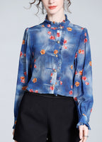 Italian Blue Ruffled Print Button Silk Shirt Long Sleeve