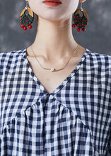 Load image into Gallery viewer, Italian Blue V Neck Patchwork Plaid Cotton Long Dress Summer