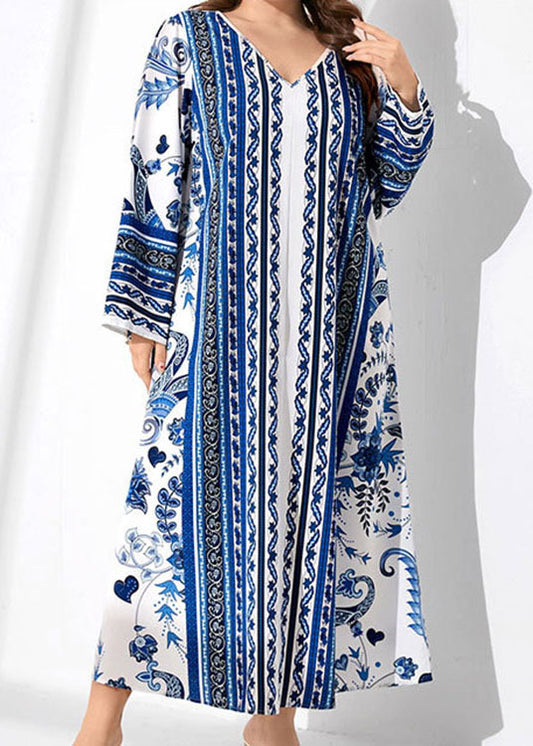 Italian Blue V Neck Print Patchwork Cotton Long Dress Fall