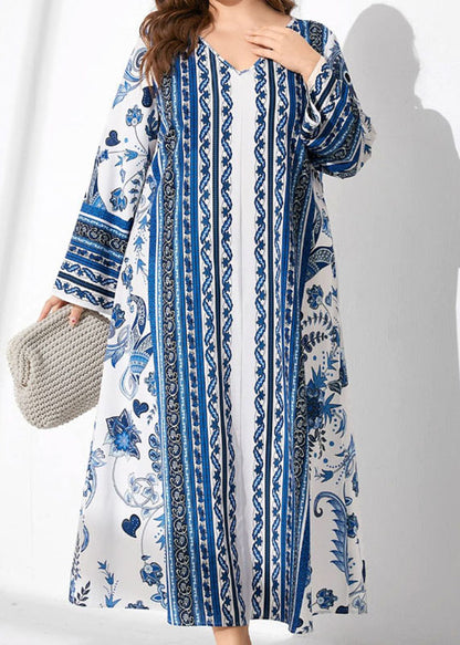 Italian Blue V Neck Print Patchwork Cotton Long Dress Fall