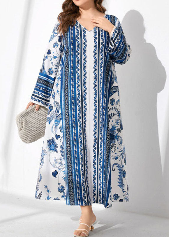 Italian Blue V Neck Print Patchwork Cotton Long Dress Fall