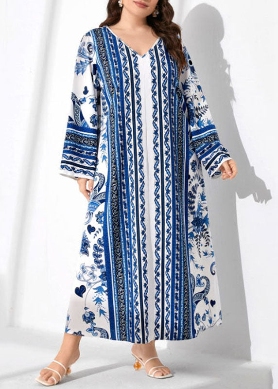 Italian Blue V Neck Print Patchwork Cotton Long Dress Fall