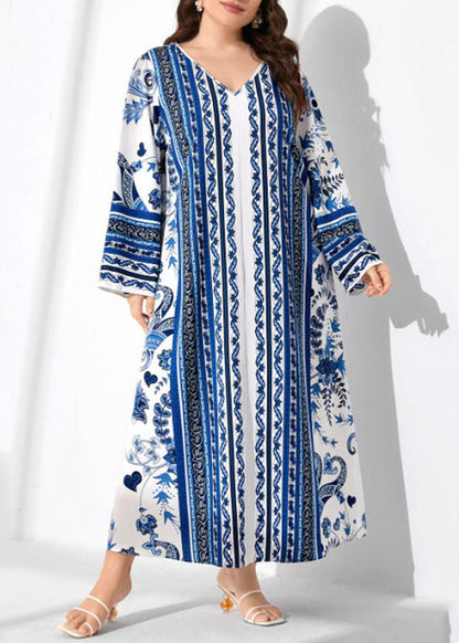 Italian Blue V Neck Print Patchwork Cotton Long Dress Fall