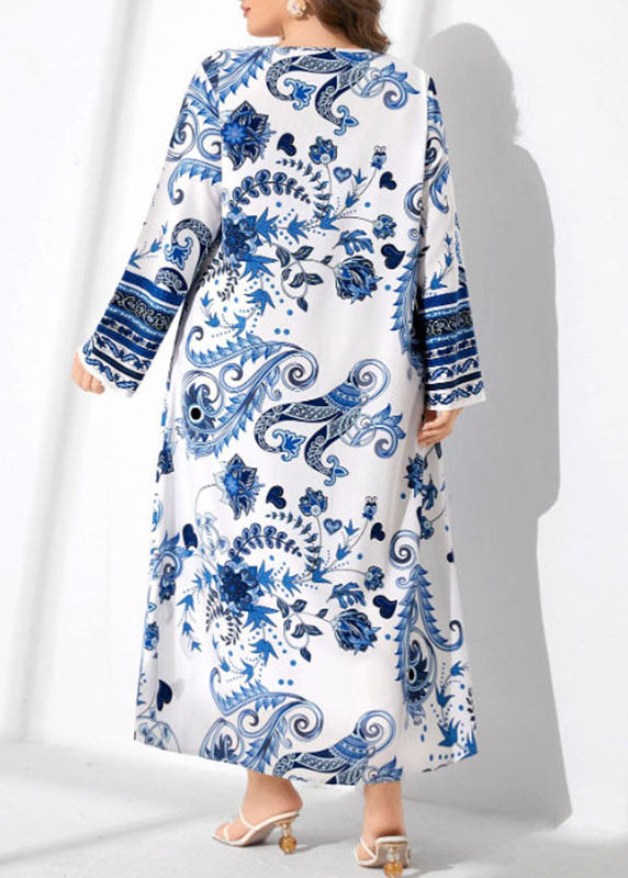 Italian Blue V Neck Print Patchwork Cotton Long Dress Fall