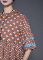 Italian Coffee Ruffled Patchwork Print Silk Mid Dress Summer