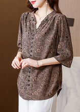Load image into Gallery viewer, Italian Coffee V Neck Print Button Silk Shirt Half Sleeve