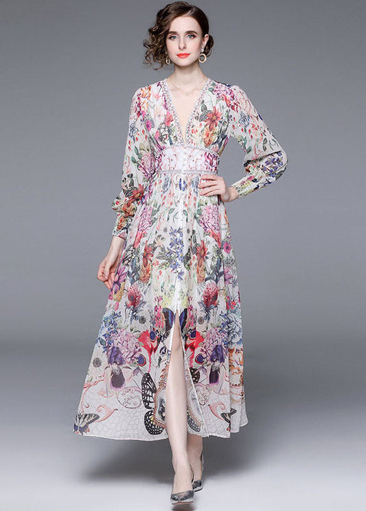 Italian Floral V Neck Front Open Patchwork Chiffon Vacation Dresses Long Sleeve