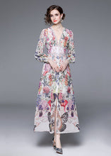 Load image into Gallery viewer, Italian Floral V Neck Front Open Patchwork Chiffon Vacation Dresses Long Sleeve