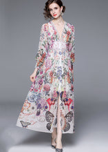 Load image into Gallery viewer, Italian Floral V Neck Front Open Patchwork Chiffon Vacation Dresses Long Sleeve