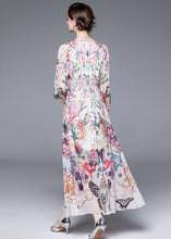 Load image into Gallery viewer, Italian Floral V Neck Front Open Patchwork Chiffon Vacation Dresses Long Sleeve