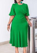 Italian Green O Neck Wrinkled Patchwork Cotton Dress Summer