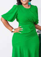 Italian Green O Neck Wrinkled Patchwork Cotton Dress Summer