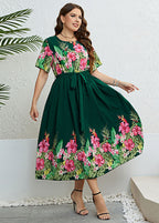 Italian Green PrintTie Waist Patchwork Chiffon Long Dresses Summer