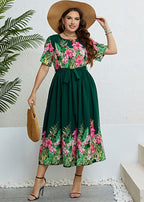 Italian Green PrintTie Waist Patchwork Chiffon Long Dresses Summer