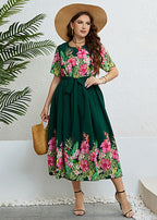 Italian Green PrintTie Waist Patchwork Chiffon Long Dresses Summer