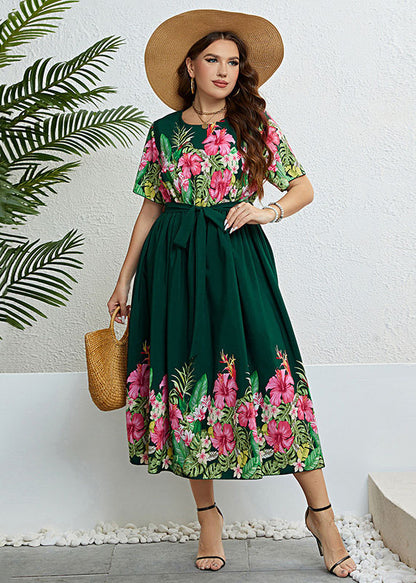 Italian Green PrintTie Waist Patchwork Chiffon Long Dresses Summer