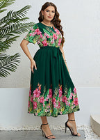 Italian Green PrintTie Waist Patchwork Chiffon Long Dresses Summer