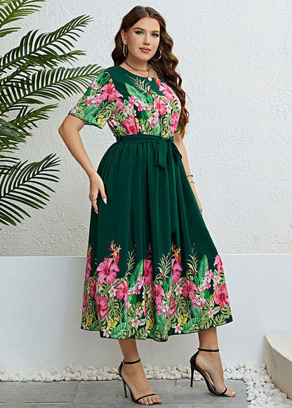 Italian Green PrintTie Waist Patchwork Chiffon Long Dresses Summer