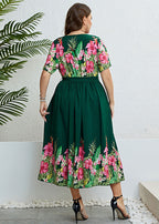 Italian Green PrintTie Waist Patchwork Chiffon Long Dresses Summer