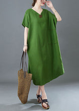 Load image into Gallery viewer, Italian Green V Neck Embroideried Patchwork Linen Long Dresses Summer
