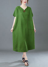 Load image into Gallery viewer, Italian Green V Neck Embroideried Patchwork Linen Long Dresses Summer