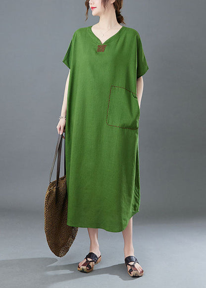 Italian Green V Neck Embroideried Patchwork Linen Long Dresses Summer