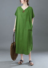 Load image into Gallery viewer, Italian Green V Neck Embroideried Patchwork Linen Long Dresses Summer