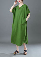 Load image into Gallery viewer, Italian Green V Neck Embroideried Patchwork Linen Long Dresses Summer