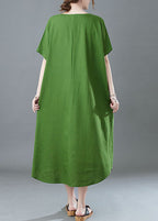 Italian Green V Neck Embroideried Patchwork Linen Long Dresses Summer