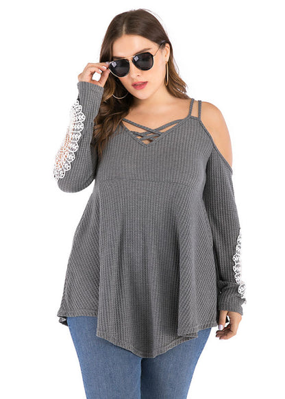 Italian Grey Asymmetrical Lace Patchwork Knit Tops Long Sleeve